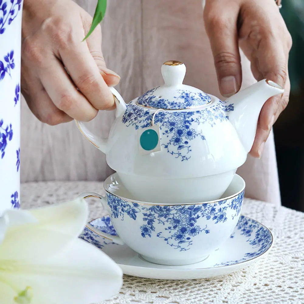 Théière Égoïste Anglaise en Porcelaine Motif Floral Bleu 350ml