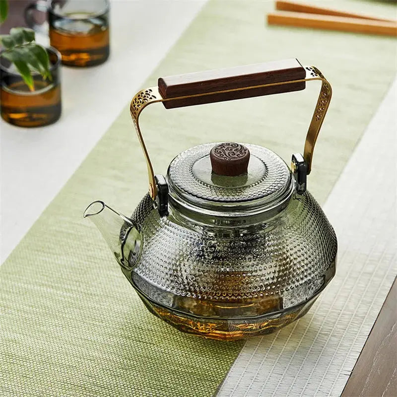 Théière en Verre à Points et Manche Bois 1L