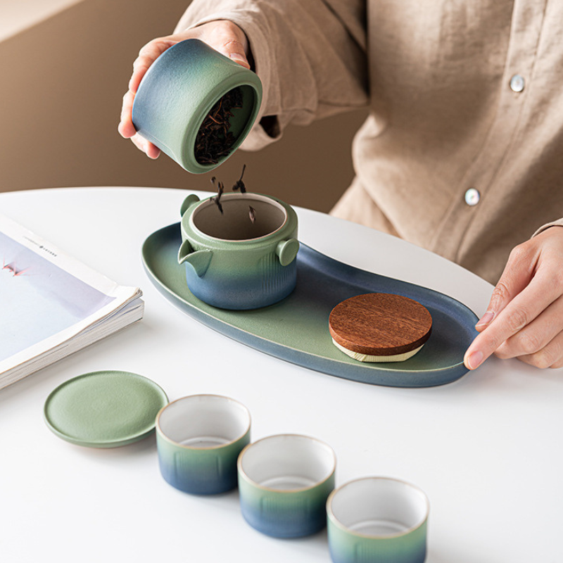 Service à thé en céramique style scandinave 3 tasses bleu et vert