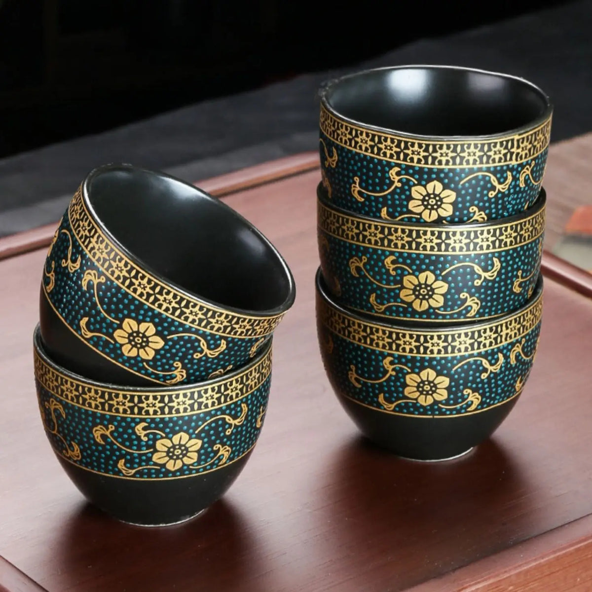 Service à Thé Chinois Haut de Gamme Noir et Doré